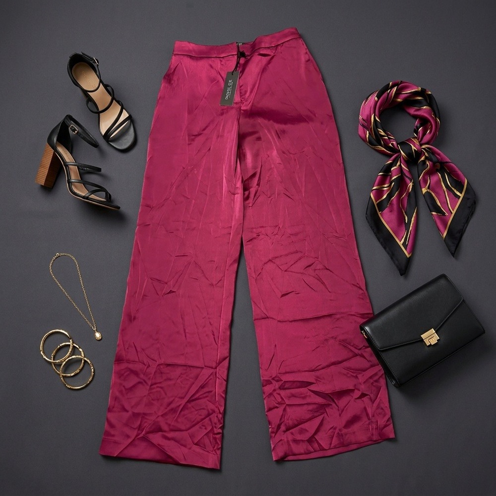 Rachel Zoe Women Size 6 Wide Leg Pants Magenta Pink Satin Pull On Elastic Waist